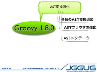 AST


                                                         AST

             Groovy 1.8.0                          AST


                                                   AST




Slide # 20     JGGUG G*Workshop 17th / 2011.6.17
 