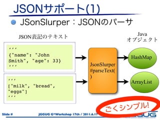 Java
          JSON

    ‘’’
    {"name": "John                                         HashMap
    Smith", "age": 33}
    ‘’’                                      JsonSlurper
                                             #parseText(
                                             )
   ‘’’                                                     ArrayList
   ["milk", "bread",
   "eggs"]
   ‘’’
          41



Slide #          JGGUG G*Workshop 17th / 2011.6.17
 