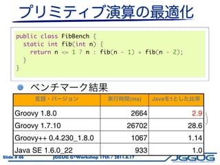 public class FibBench {
        static int fib(int n) {
          return n <= 1 ? n : fib(n - 1) + fib(n - 2);
        }
      }




                                               (ms)       Java   1

     Groovy 1.8.0                              2664                   2.9
     Groovy 1.7.10                           26702                   28.6
     Groovy++ 0.4.230_1.8.0                    1067                  1.14
     Java SE 1.6.0_22                               933               1.0
Slide # 46      JGGUG G*Workshop 17th / 2011.6.17
 