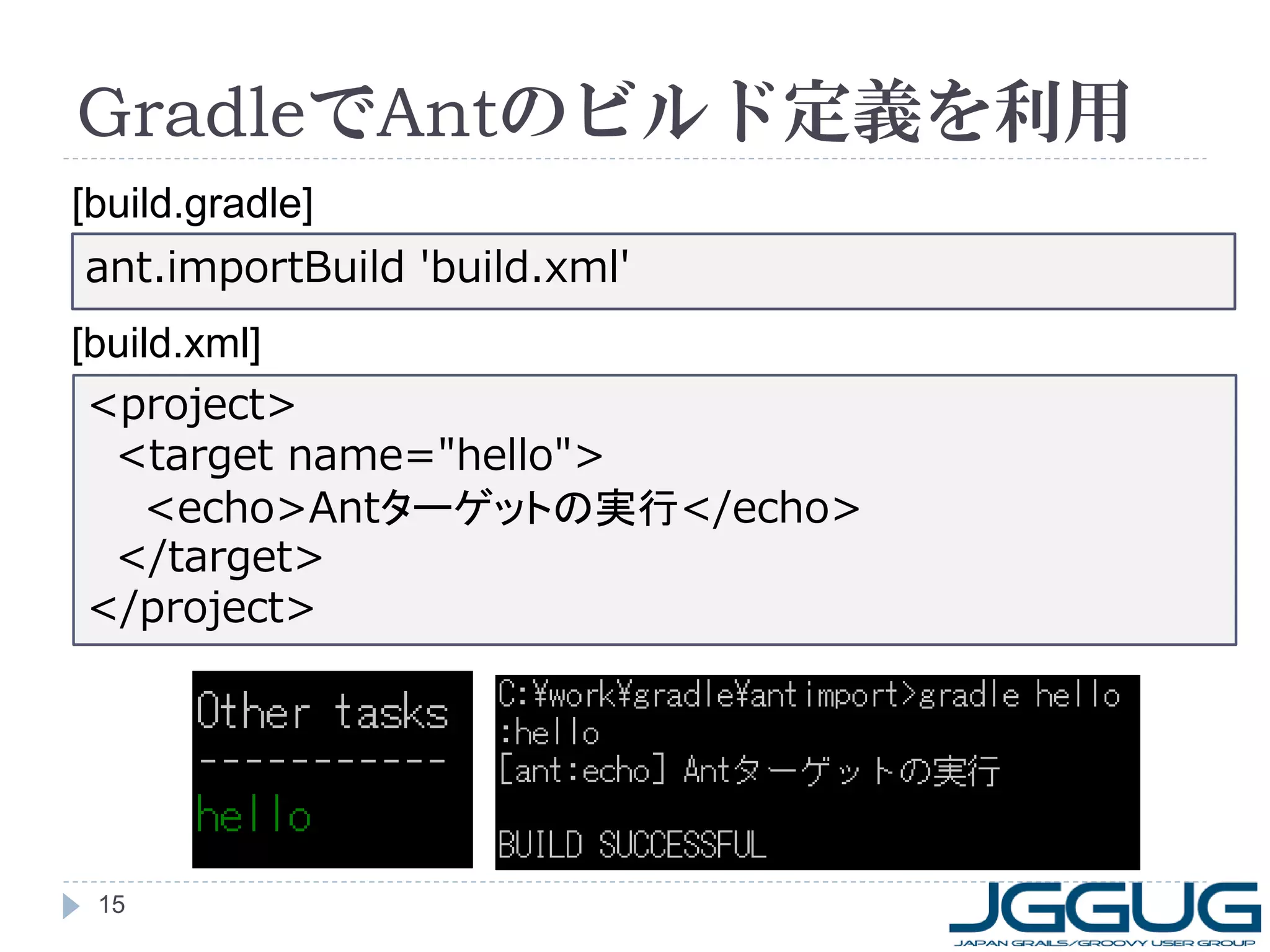 GradleでAntのビルド定義を利用
[build.gradle]
ant.importBuild 'build.xml'
[build.xml]
 <project>
  <target name="hello">
    <echo>Antターゲットの実行</echo>
  </target>
 </project>




 15
 