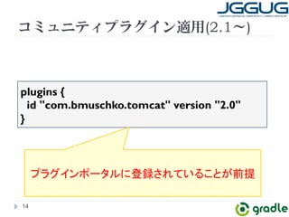 コミュニティプラグイン適用(2.1～) 
plugins { 
id com.bmuschko.tomcat version 2.0 
} 
14 
䝥䝷䜾䜲䞁䝫䞊䝍䝹䛻Ⓩ㘓䛥䜜䛶䛔䜛䛣䛸䛜๓ᥦ 
 