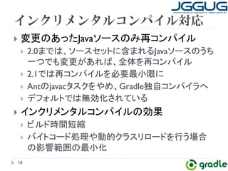 インクリメンタルコンパイル対応 
} ኚ᭦䛾䛒䛳䛯Java䝋䞊䝇䛾䜏෌䝁䞁䝟䜲䝹 
} 2.0䜎䛷䛿䚸䝋䞊䝇䝉䝑䝖䛻ྵ䜎䜜䜛Java䝋䞊䝇䛾䛖䛱 
୍䛴䛷䜒ኚ᭦䛜䛒䜜䜀䚸඲య䜢෌䝁䞁䝟䜲䝹 
} 2.1䛷䛿෌䝁䞁䝟䜲䝹䜢ᚲせ᭱ᑠ㝈䛻 
} Ant䛾javac䝍䝇䜽䜢䜔䜑䚸Gradle⊂⮬䝁䞁䝟䜲䝷䜈 
} 䝕䝣䜷䝹䝖䛷䛿↓ຠ໬䛥䜜䛶䛔䜛 
} 䜲䞁䜽䝸䝯䞁䝍䝹䝁䞁䝟䜲䝹䛾ຠᯝ 
} 䝡䝹䝗᫬㛫▷⦰ 
} 䝞䜲䝖䝁䞊䝗ฎ⌮䜔ືⓗ䜽䝷䝇䝸䝻䞊䝗䜢⾜䛖ሙྜ 
䛾ᙳ㡪⠊ᅖ䛾᭱ᑠ໬ 
16 
 