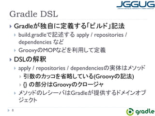 Gradle DSL 
} Gradle䛜⊂⮬䛻ᐃ⩏䛩䜛䛂䝡䝹䝗䛃グἲ 
} build.gradle䛷グ㏙䛩䜛㻌apply / repositories / 
dependencies 䛺䛹 
} Groovy䛾MOP䛺䛹䜢฼⏝䛧䛶ᐃ⩏ 
} DSL䛾ゎ㔘 
} apply / repositories / dependencies䛾ᐇయ䛿䝯䝋䝑䝗 
} ᘬᩘ䛾䜹䝑䝁䜢┬␎䛧䛶䛔䜛(Groovy䛾グἲ) 
} {} 䛾㒊ศ䛿Groovy䛾䜽䝻䞊䝆䝱 
} 䝯䝋䝑䝗䛾䝺䝅䞊䝞䛿Gradle䛜ᥦ౪䛩䜛䝗䝯䜲䞁䜸䝤 
䝆䜵䜽䝖 
8 
 