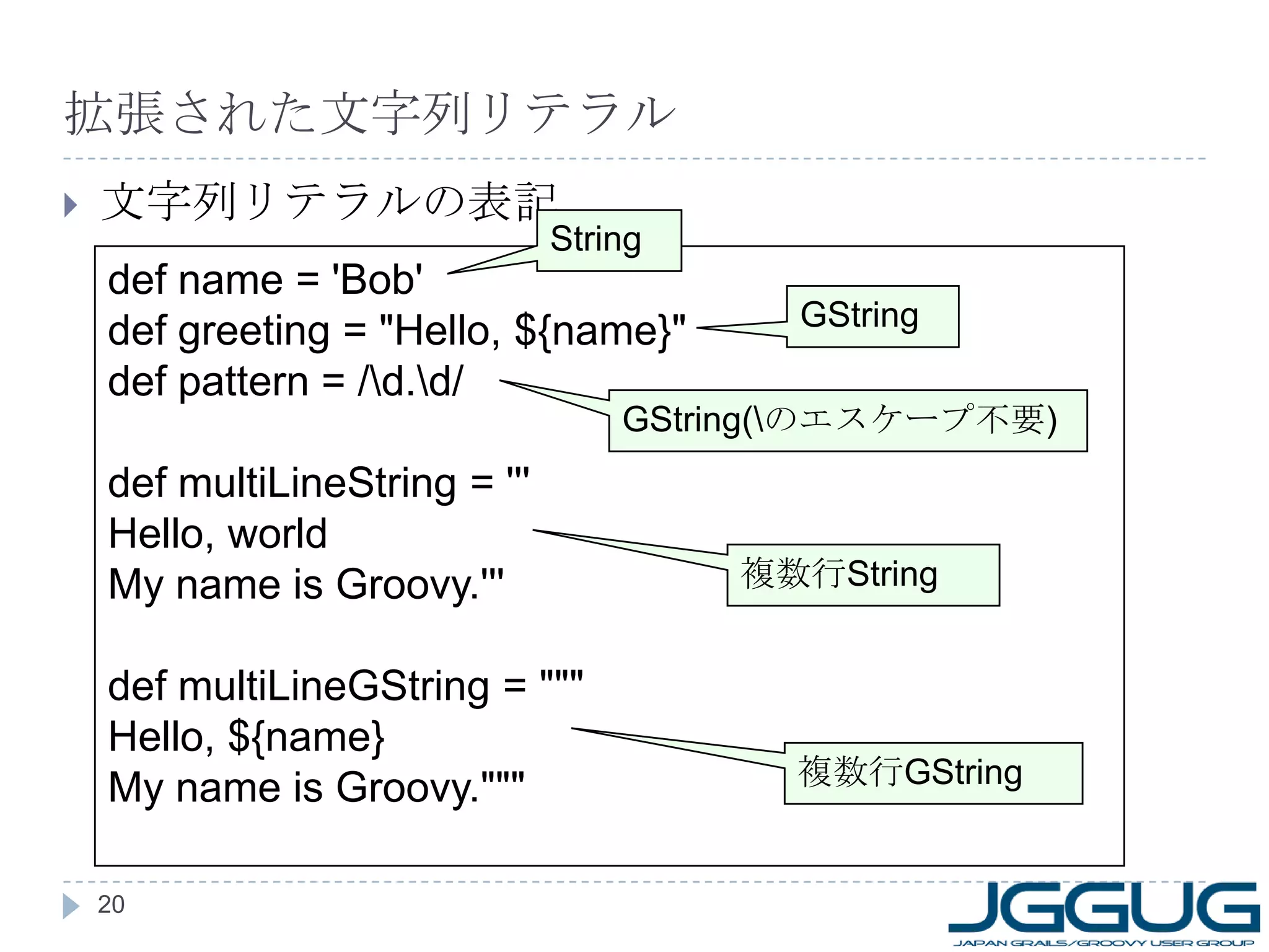 拡張された文字列リテラル 文字列リテラルの表記 def name = 'Bob' def greeting = "Hello, ${name}" def pattern = /\d.\d/ def multiLineString = ''' Hello, world My name is Groovy.''' def multiLineGString = """ Hello, ${name} My name is Groovy.""" String GString GString(\ のエスケープ不要 ) 複数行 String 複数行 GString 