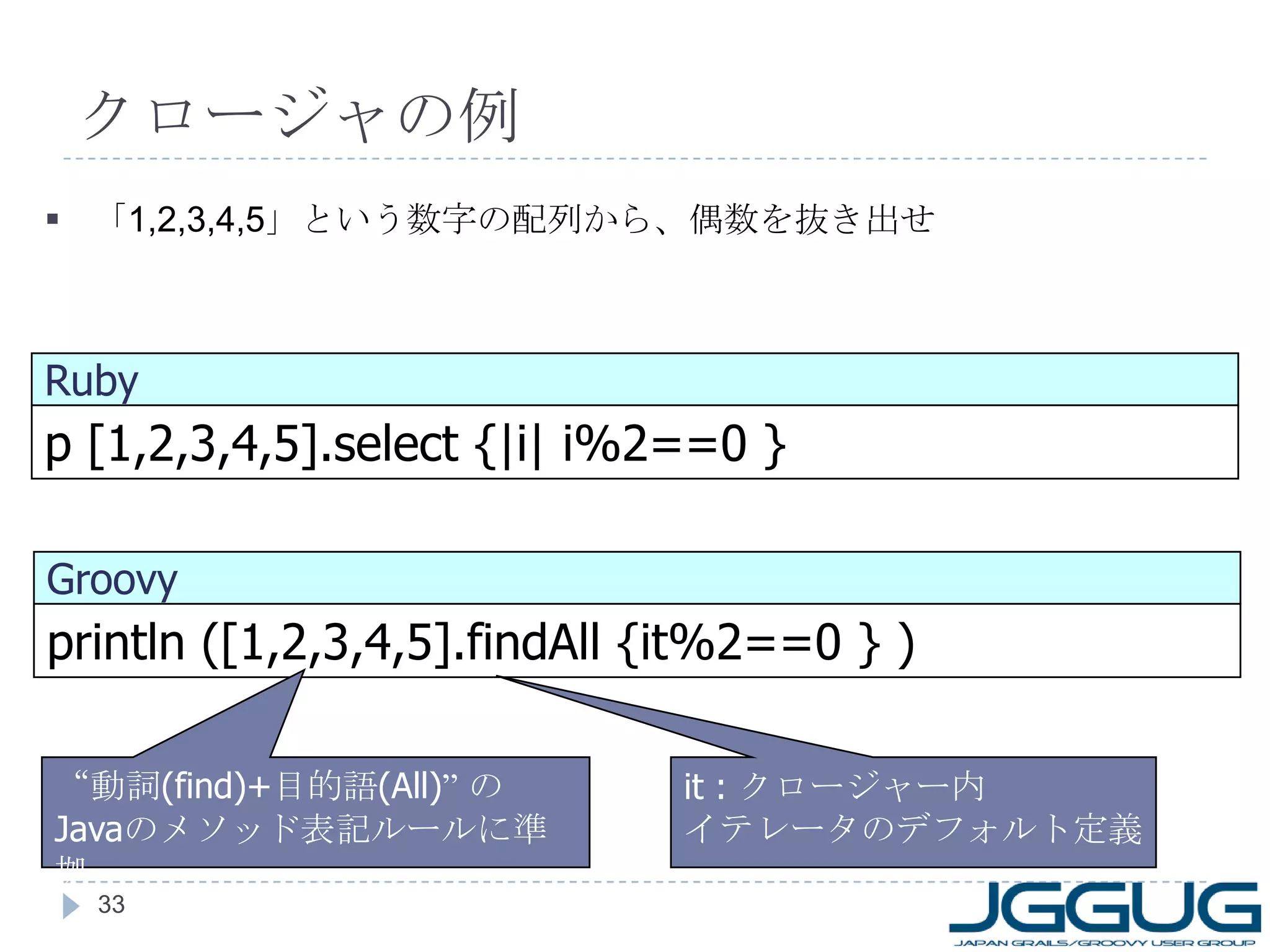 クロージャの例 p [1,2,3,4,5].select {|i| i%2==0 } Ruby println ([1,2,3,4,5].findAll {it%2==0 } ) Groovy 「 1,2,3,4,5 」という数字の配列から、偶数を抜き出せ “ 動詞 (find)+ 目的語 (All) ”   の Java のメソッド表記ルールに準拠 it :  クロージャー内 イテレータのデフォルト定義 