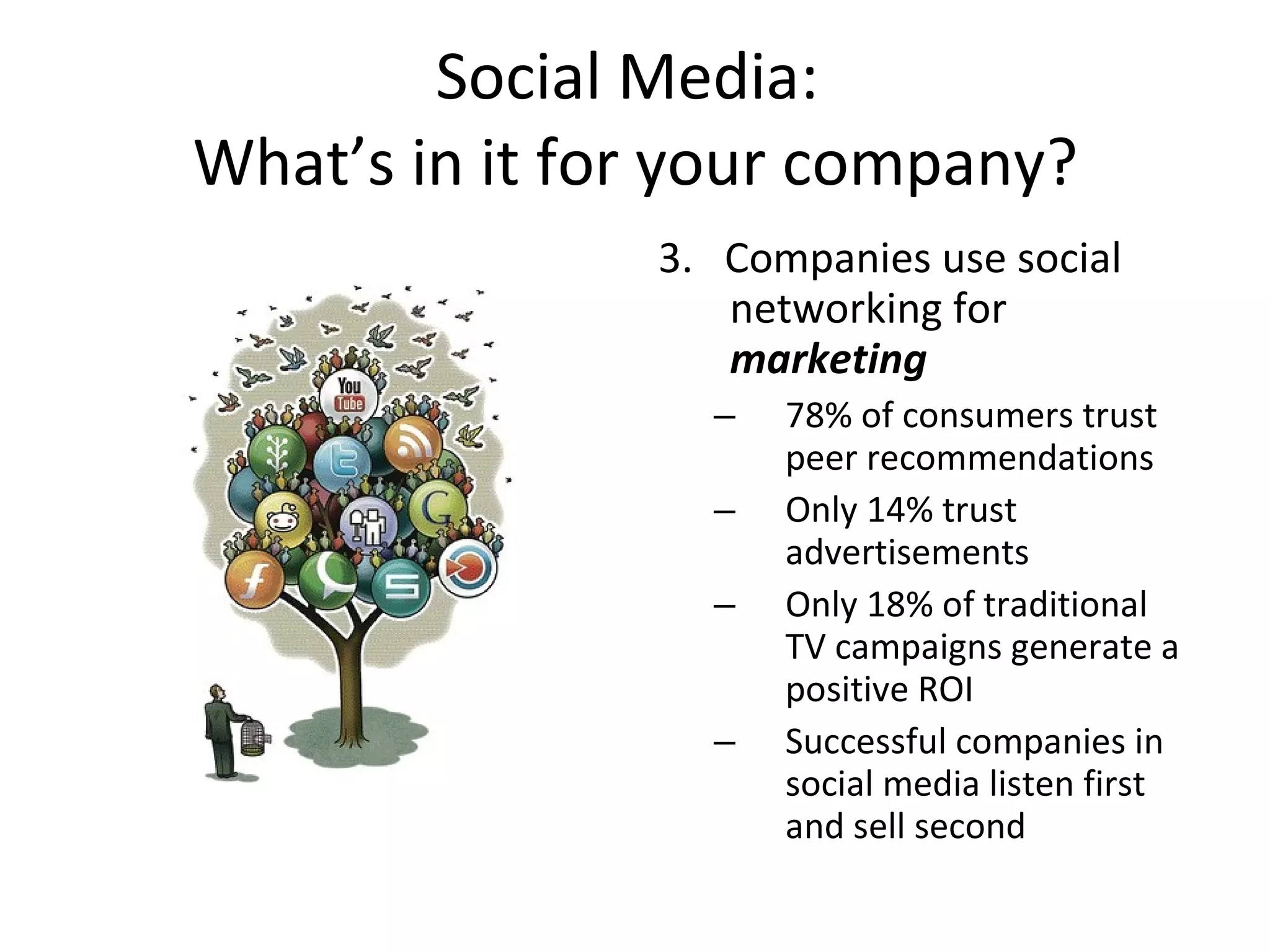 Social Media:  What’s in it for your company? 3.  Companies use social networking for  marketing 78% of consumers trust peer recommendations Only 14% trust advertisements Only 18% of traditional TV campaigns generate a positive ROI Successful companies in social media listen first and sell second 