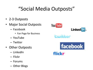 “ Social Media Outposts” 2-3 Outposts Major Social Outposts Facebook  Fan Page for Business YouTube Twitter Other Outposts LinkedIn Flickr Forums Other Blogs 