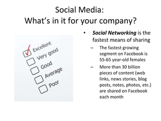 Social Media:  What’s in it for your company? Social Networking  is the fastest means of sharing The fastest growing segment on Facebook is 55-65 year-old females  More than 30 billion pieces of content (web links, news stories, blog posts, notes, photos, etc.) are shared on Facebook each month 