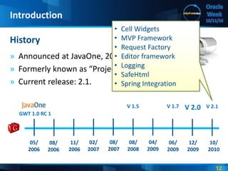 12
Oracle
Week
10/11/10
» Announced at JavaOne, 2006.
» Formerly known as “Project Red Pill”.
» Current release: 2.1.
History
Introduction
05/
2006
10/
2010
06/
2009
GWT 1.0 RC 1
V 2.0V 1.7
08/
2006
11/
2006
02/
2007
08/
2007
08/
2008
04/
2009
12/
2009
V 2.1
• Cell Widgets
• MVP Framework
• Request Factory
• Editor framework
• Logging
• SafeHtml
• Spring Integration
V 1.5
 