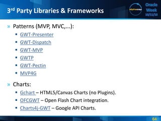 64
Oracle
Week
10/11/10
» Patterns (MVP, MVC,...):
 GWT-Presenter
 GWT-Dispatch
 GWT-MVP
 GWTP
 GWT-Pectin
 MVP4G
» Charts:
 Gchart – HTML5/Canvas Charts (no Plugins).
 OFCGWT – Open Flash Chart integration.
 Charts4j-GWT – Google API Charts.
3rd Party Libraries & Frameworks
 