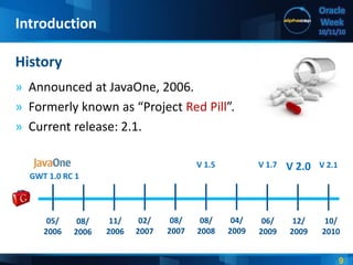 9
Oracle
Week
10/11/10
» Announced at JavaOne, 2006.
» Formerly known as “Project Red Pill”.
» Current release: 2.1.
History
Introduction
05/
2006
10/
2010
06/
2009
GWT 1.0 RC 1
08/
2006
11/
2006
02/
2007
08/
2007
08/
2008
04/
2009
12/
2009
V 2.0V 1.7 V 2.1V 1.5
 
