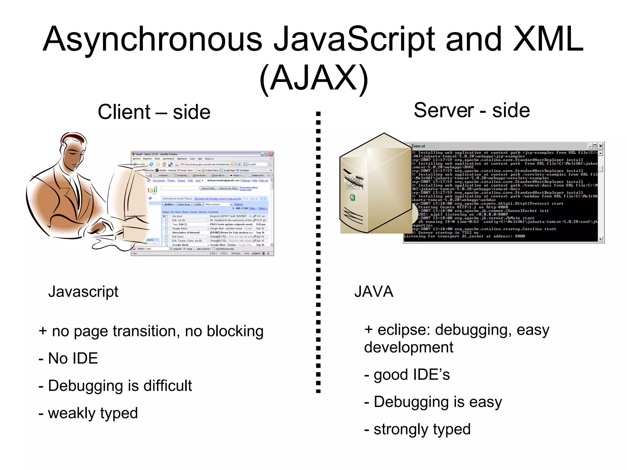 Asynchronous JavaScript and XML (AJAX) Server - side Client – side Javascript JAVA + no page transition, no blocking No IDE Debugging is difficult weakly typed + eclipse: debugging, easy development good IDE’s Debugging is easy strongly typed 