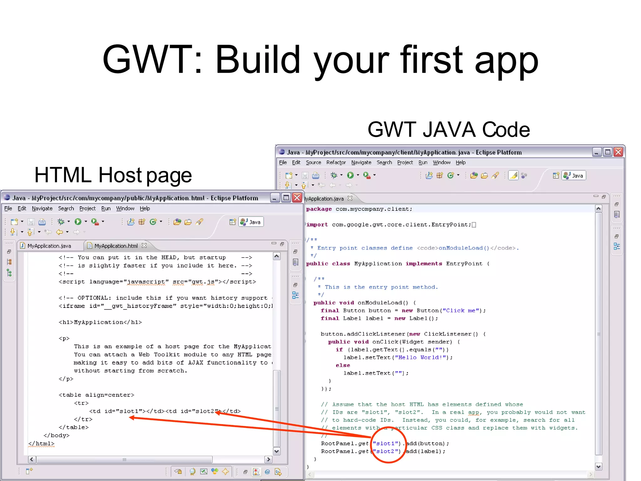 GWT: Build your first app GWT JAVA Code HTML Host page 