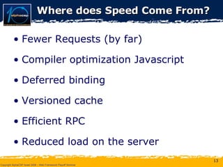 Where does Speed Come From? Fewer Requests (by far) Compiler optimization Javascript Deferred binding Versioned cache Efficient RPC Reduced load on the server 