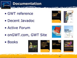 Documentation GWT reference Decent Javadoc Active Forum onGWT.com, GWT Site Books 