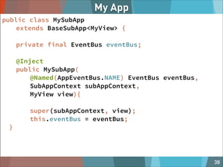 My App
public class MySubApp
extends BaseSubApp<MyView> {
!

private final EventBus eventBus;
!

@Inject
public MySubApp(
@Named(AppEventBus.NAME) EventBus eventBus,
SubAppContext subAppContext,
MyView view){
!

super(subAppContext, view);
this.eventBus = eventBus;
}

@MAGNOLIA_CMS

38

 