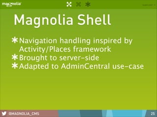 Magnolia Shell
Navigation handling inspired by
Activity/Places framework
Brought to server-side
Adapted to AdminCentral use-case

@MAGNOLIA_CMS

25

 