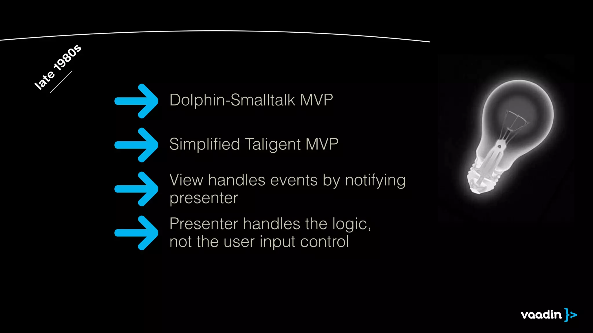 late
1980s
Simpliﬁed Taligent MVP
View handles events by notifying
presenter
Dolphin-Smalltalk MVP
Presenter handles the logic,
not the user input control
 