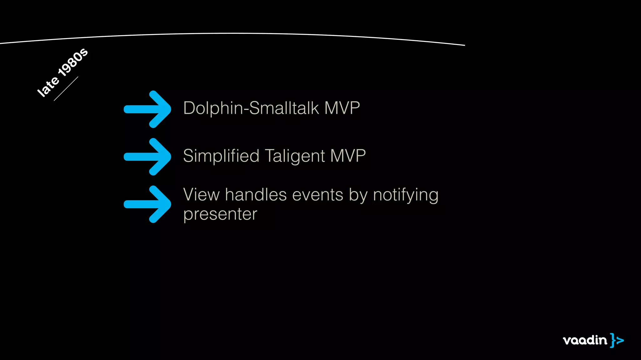 late
1980s
Simpliﬁed Taligent MVP
View handles events by notifying
presenter
Dolphin-Smalltalk MVP
 