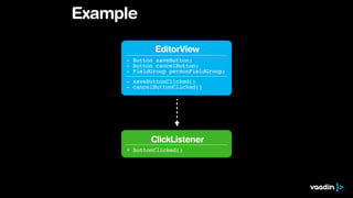 Example
EditorView
- Button saveButton;
- Button cancelButton;
- FieldGroup personFieldGroup;
- saveButtonClicked()
- cancelButtonClicked()
ClickListener
+ buttonClicked()
 