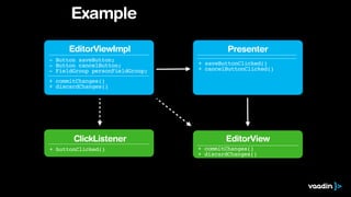 + commitChanges()
+ discardChanges()
Presenter
+ saveButtonClicked()
+ cancelButtonClicked()
EditorViewImpl
- Button saveButton;
- Button cancelButton;
- FieldGroup personFieldGroup;
+ commitChanges()
+ discardChanges()
ClickListener
+ buttonClicked()
Example
EditorView
 