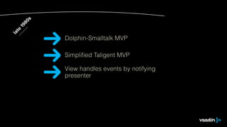 late
1980s
Simpliﬁed Taligent MVP
View handles events by notifying
presenter
Dolphin-Smalltalk MVP
 