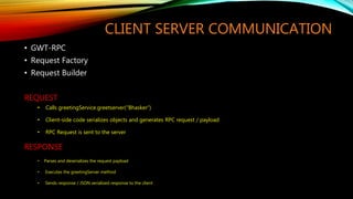 CLIENT SERVER COMMUNICATION
• GWT-RPC
• Request Factory
• Request Builder
REQUEST
• Calls greetingService.greetserver(“Bhasker”)
• Client-side code serializes objects and generates RPC request / payload
• RPC Request is sent to the server
RESPONSE
• Parses and deserializes the request payload
• Executes the greetingServer method
• Sends response / JSON serialized response to the client
 