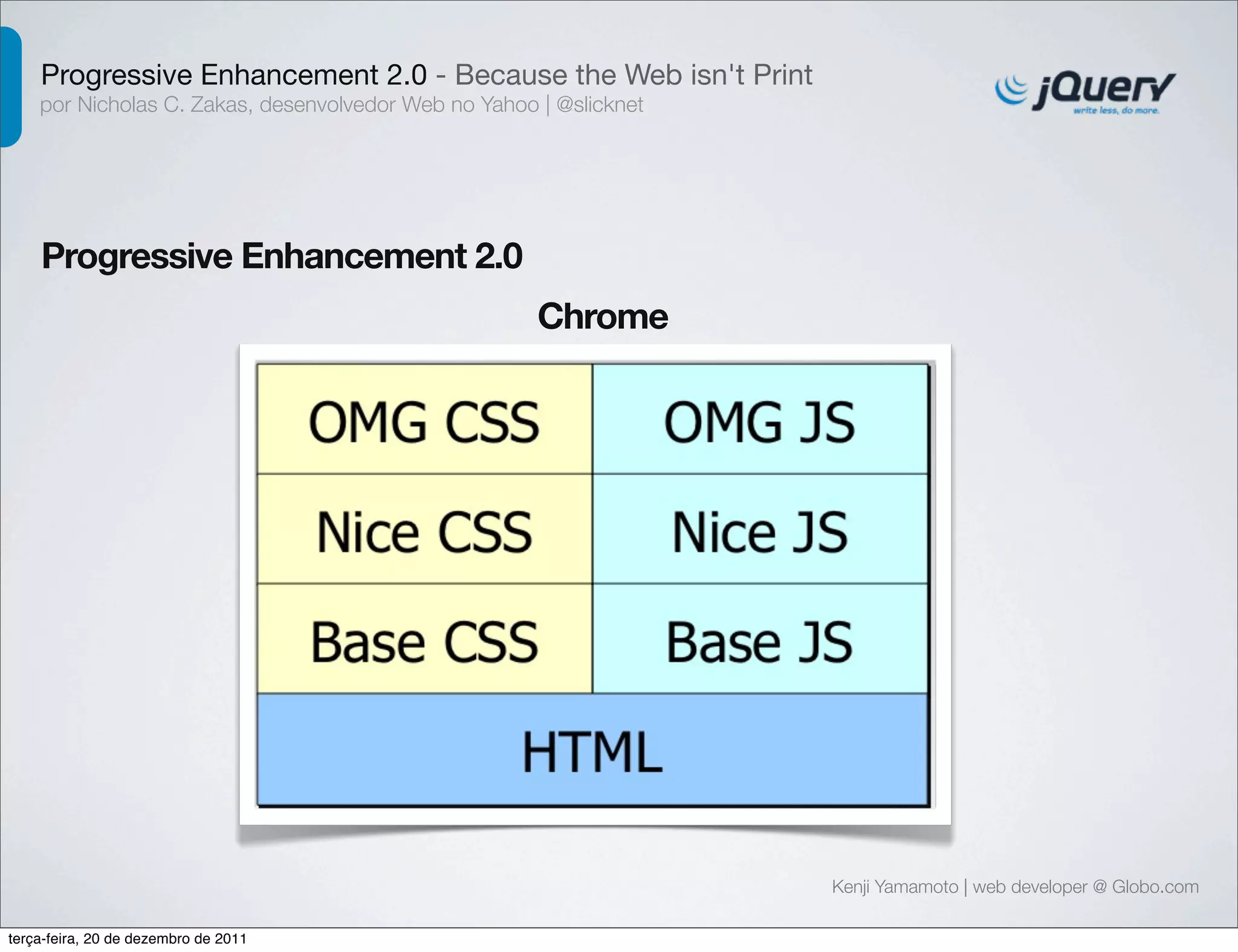 Progressive Enhancement 2.0 - Because the Web isn't Print 
por Nicholas C. Zakas, desenvolvedor Web no Yahoo | @slicknet 
Progressive Enhancement 2.0 
Kenji Yamamoto | web developer @ Globo.com 
Chrome 
terça-feira, 20 de dezembro de 2011 
 