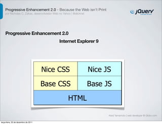 Progressive Enhancement 2.0 - Because the Web isn't Print
    por Nicholas C. Zakas, desenvolvedor Web no Yahoo | @slicknet




    Progressive Enhancement 2.0
                                             Internet Explorer 9




                                                                    Kenji Yamamoto | web developer @ Globo.com

terça-feira, 20 de dezembro de 2011
 