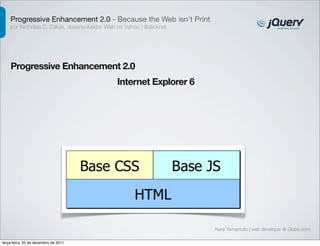 Progressive Enhancement 2.0 - Because the Web isn't Print
    por Nicholas C. Zakas, desenvolvedor Web no Yahoo | @slicknet




    Progressive Enhancement 2.0
                                             Internet Explorer 6




                                                                    Kenji Yamamoto | web developer @ Globo.com

terça-feira, 20 de dezembro de 2011
 