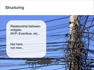 Structuring

Relationship between
widgets,
MVP, Eventbus, etc...
!
!
Not here,
not now...

 