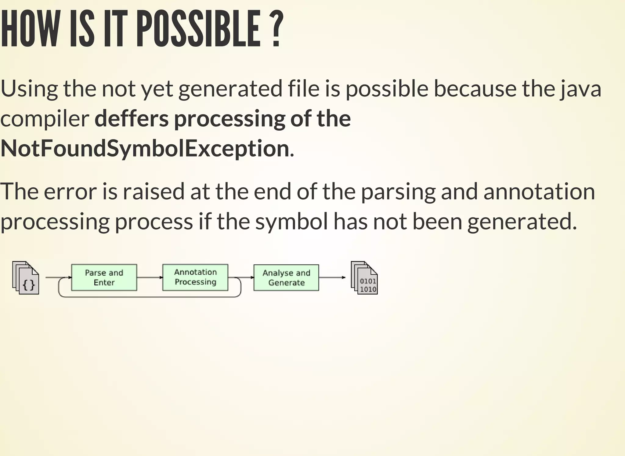 HOW IS IT POSSIBLE ?
Using the not yet generated file is possible because the java
compiler deffers processing of the
NotFoundSymbolException.
The error is raised at the end of the parsing and annotation
processing process if the symbol has not been generated.
 