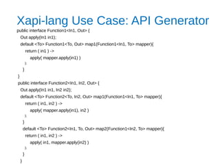 Xapi-lang Use Case: API Generator
public interface Function1<In1, Out> {
Out apply(In1 in1);
default <To> Function1<To, Out> map1(Function1<In1, To> mapper){
return ( in1 ) ->
apply( mapper.apply(in1) )
);
}
}
public interface Function2<In1, In2, Out> {
Out apply(In1 in1, In2 in2);
default <To> Function2<To, In2, Out> map1(Function1<In1, To> mapper){
return ( in1, in2 ) ->
apply( mapper.apply(in1), in2 )
);
}
default <To> Function2<In1, To, Out> map2(Function1<In2, To> mapper){
return ( in1, in2 ) ->
apply( in1, mapper.apply(in2) )
);
}
}
 