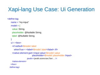 Xapi-lang Use Case: Ui Generation
<define-tag
name = “my-input”
model = {
value: String,
placeholder: @Nullable String,
la...