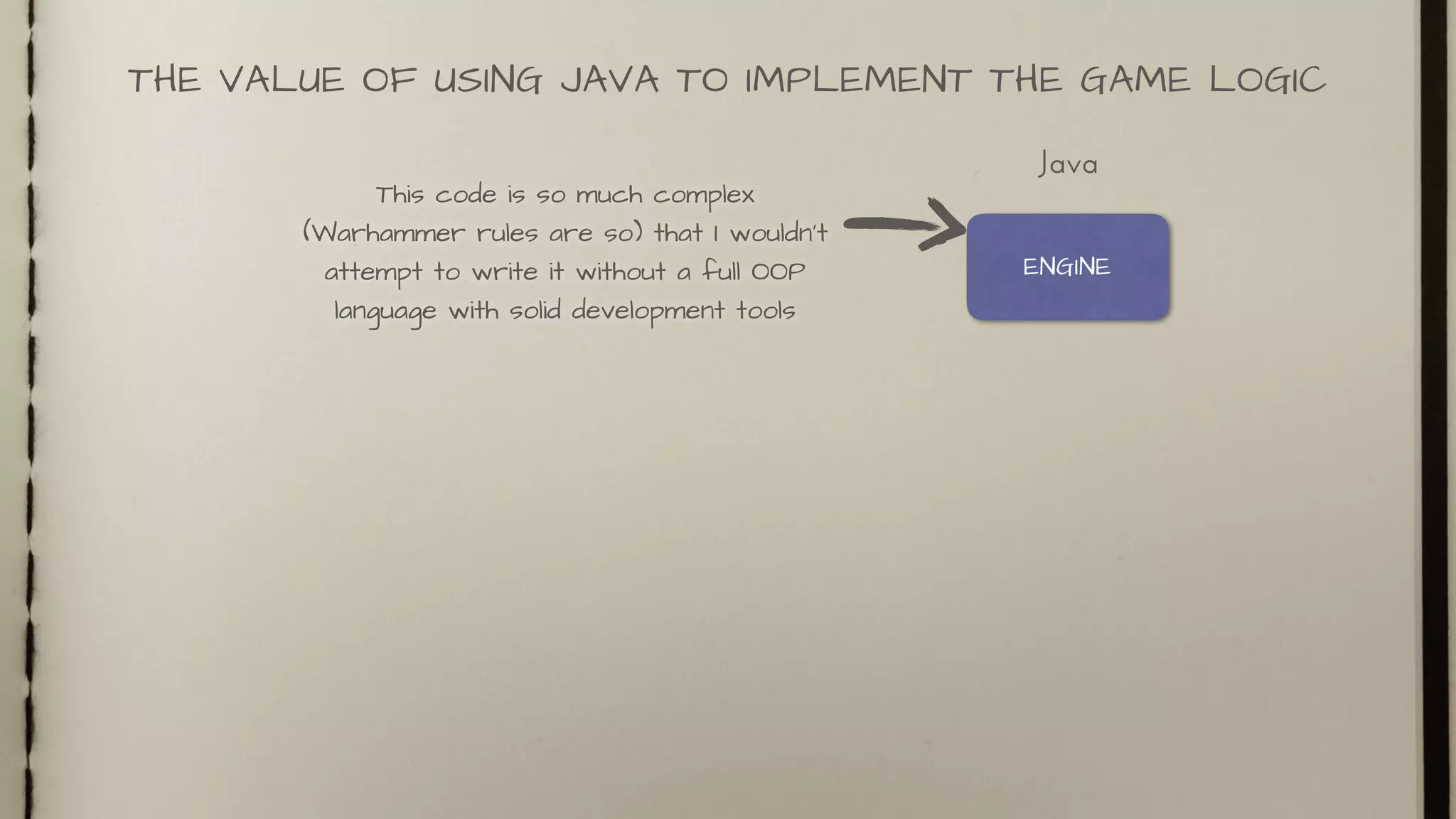 THE VALUE OF USING JAVA TO IMPLEMENT THE GAME LOGIC
ENGINE
Java
This code is so much complex
(Warhammer rules are so) that I wouldn’t
attempt to write it without a full OOP
language with solid development tools
 
