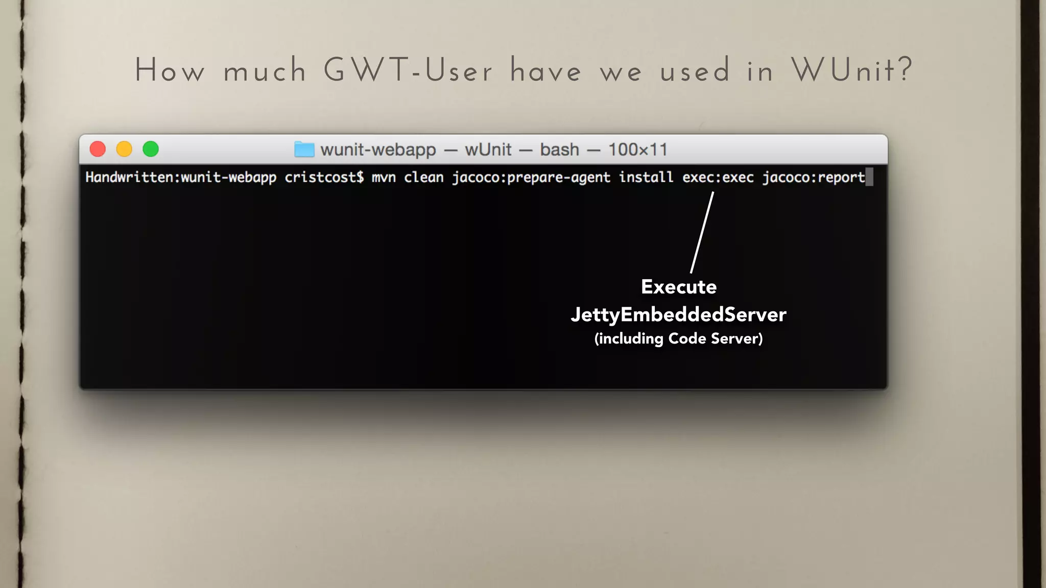 How much GWT-User have we used in WUnit?
Execute
JettyEmbeddedServer
(including Code Server)
 