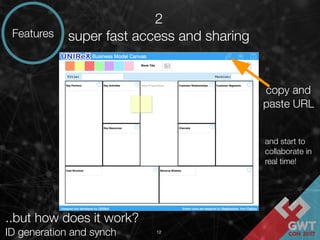 12
2
super fast access and sharing
and start to
collaborate in
real time!
copy and
paste URL
..but how does it work?
ID generation and synch
Features
 