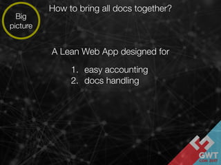 How to bring all docs together?
1. easy accounting
2. docs handling
Big
picture
A Lean Web App designed for
 