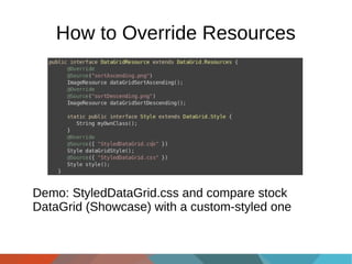 How to Override Resources

Demo: StyledDataGrid.css and compare stock
DataGrid (Showcase) with a custom-styled one

 