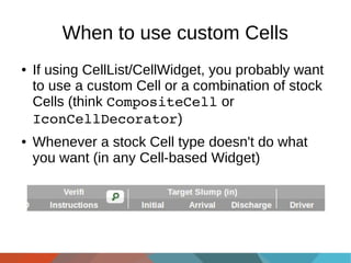 When to use custom Cells
●

●

If using CellList/CellWidget, you probably want
to use a custom Cell or a combination of stock
Cells (think CompositeCell or
IconCellDecorator)
Whenever a stock Cell type doesn't do what
you want (in any Cell-based Widget)

 