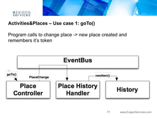 Activities&Places – Use case 1: goTo()

Program calls to change place -> new place created and
remembers it‟s token




                                            77    www.ExigenServices.com
 