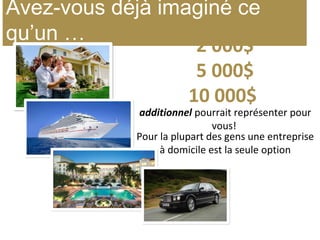 Avez-vous déjà imaginé ce
qu’un …
Pour la plupart des gens une entreprise
à domicile est la seule option
2 000$
5 000$
10 000$
additionnel pourrait représenter pour
vous!
 