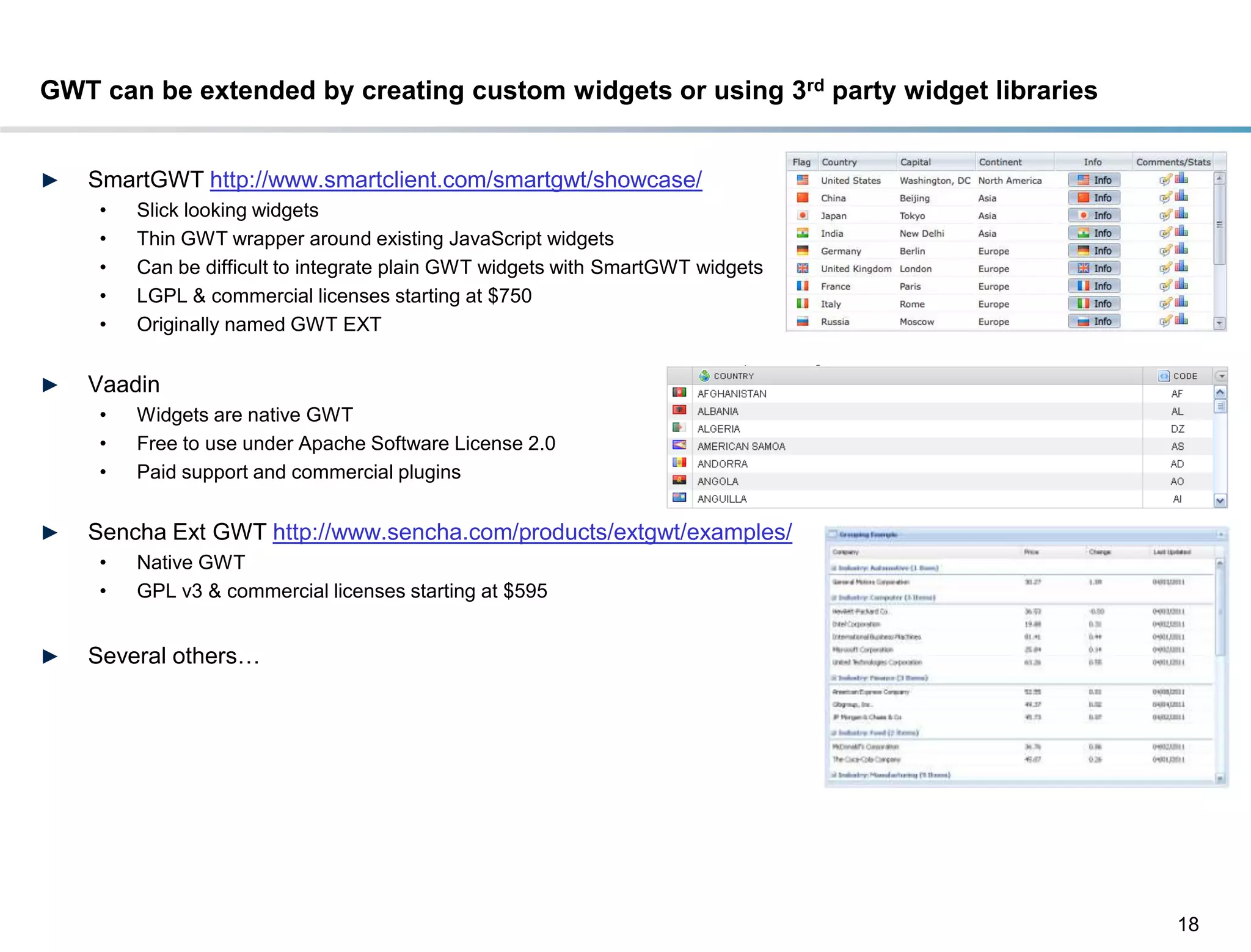 GWT can be extended by creating custom widgets or using 3rd party widget libraries


►   SmartGWT http://www.smartclient.com/smartgwt/showcase/
     •   Slick looking widgets
     •   Thin GWT wrapper around existing JavaScript widgets
     •   Can be difficult to integrate plain GWT widgets with SmartGWT widgets
     •   LGPL & commercial licenses starting at $750
     •   Originally named GWT EXT


►   Vaadin
     •   Widgets are native GWT
     •   Free to use under Apache Software License 2.0
     •   Paid support and commercial plugins


►   Sencha Ext GWT http://www.sencha.com/products/extgwt/examples/
     •   Native GWT
     •   GPL v3 & commercial licenses starting at $595


►   Several others…




                                                                                     18
 