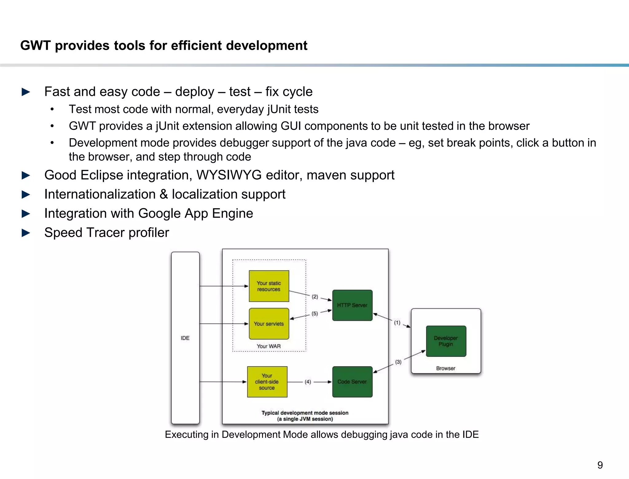 GWT provides tools for efficient development


►   Fast and easy code – deploy – test – fix cycle
    •   Test most code with normal, everyday jUnit tests
    •   GWT provides a jUnit extension allowing GUI components to be unit tested in the browser
    •   Development mode provides debugger support of the java code – eg, set break points, click a button in
        the browser, and step through code
► Good Eclipse integration, WYSIWYG editor, maven support
► Internationalization & localization support
► Integration with Google App Engine
► Speed Tracer profiler




                          Executing in Development Mode allows debugging java code in the IDE


                                                                                                                9
 