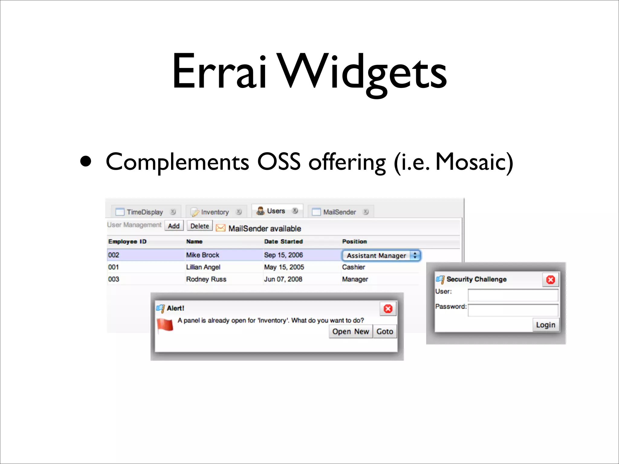 Errai Widgets
• Complements OSS offering (i.e. Mosaic)
 