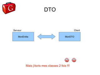 DTO


Serveur                                         Client

    MonEntite                            MonDTO




          Mais j'écris mes classes 2 fois !!!
 