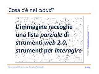 Cosa c’è nel cloud?
Generazione Web Lombardia - Corso Net/Notebook A
ImmaginediPartecipatoryLearningccby-nc-sa
Credits
L’immagine raccoglie
una lista parziale di
strumenti web 2.0,
strumenti per interagire
 