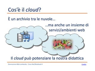 Cos’è il cloud?
È un archivio tra le nuvole…
…ma anche un insieme di
servizi/ambienti web
Il cloud può potenziare la nostra didattica
Generazione Web Lombardia - Corso Net/Notebook A Credits
 