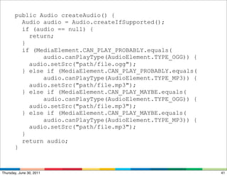 public Audio createAudio() {
         Audio audio = Audio.createIfSupported();
         if (audio == null) {
           return;
         }
         if (MediaElement.CAN_PLAY_PROBABLY.equals(
               audio.canPlayType(AudioElement.TYPE_OGG)) {
           audio.setSrc("path/file.ogg");
         } else if (MediaElement.CAN_PLAY_PROBABLY.equals(
               audio.canPlayType(AudioElement.TYPE_MP3)) {
           audio.setSrc("path/file.mp3");
         } else if (MediaElement.CAN_PLAY_MAYBE.equals(
               audio.canPlayType(AudioElement.TYPE_OGG)) {
           audio.setSrc("path/file.mp3");
         } else if (MediaElement.CAN_PLAY_MAYBE.equals(
               audio.canPlayType(AudioElement.TYPE_MP3)) {
           audio.setSrc("path/file.mp3");
         }
         return audio;
       }



Thursday, June 30, 2011                                      41
 
