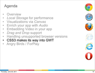 Agenda

  •     Overview
  •     Local Storage for performance
  •     Visualizations via Canvas
  •     Enrich your app with Audio
  •     Embedding Video in your app
  •     Drag and Drop support
  •     Handling unsupported browser versions
  •     CSS3 makes its way into GWT
  •     Angry Birds / ForPlay




Thursday, June 30, 2011                         75
 